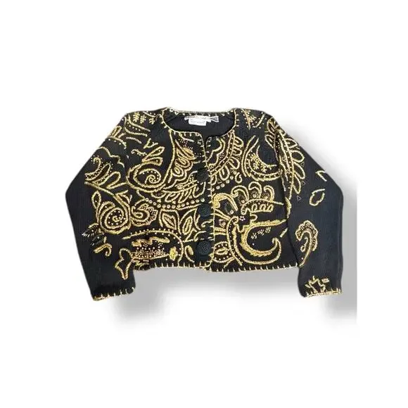 Vintage 90s Michael Simon Black Gold Metallic Embroidered Cropped Knit Cardigan - Picture 12 of 12